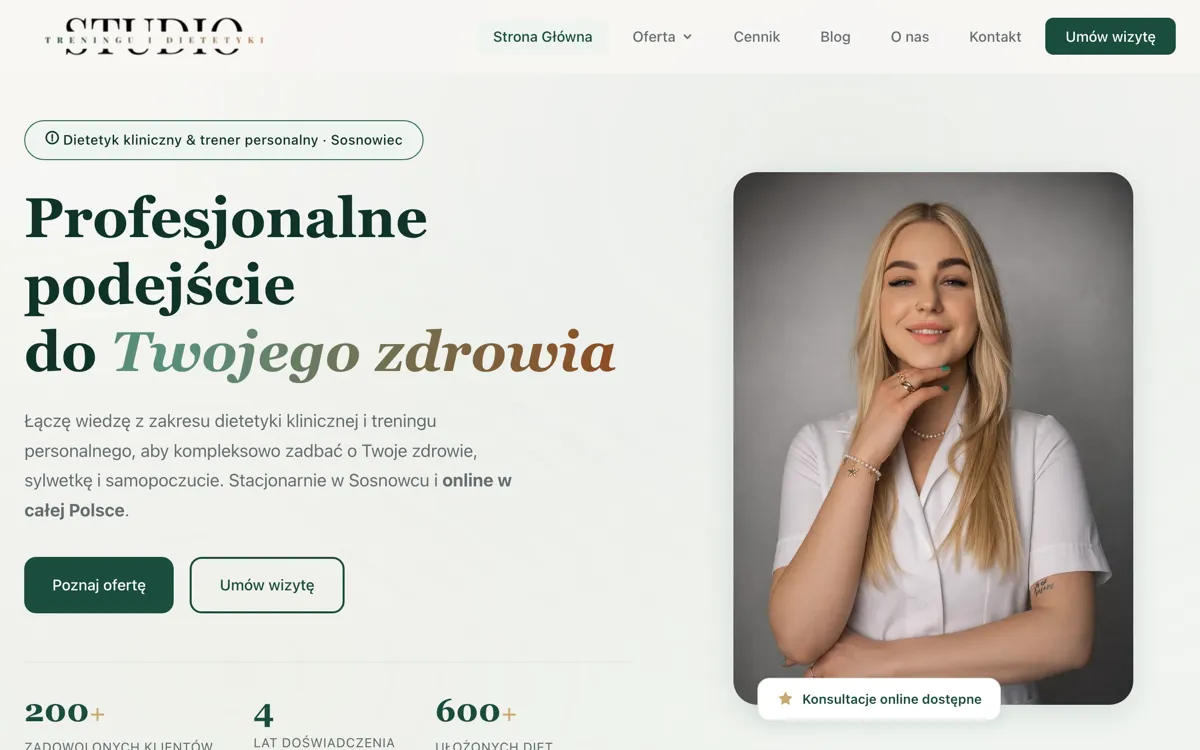 Strona dietetyk-pamela.pl — widok strony głównej z nagłówkiem i ofertą konsultacji